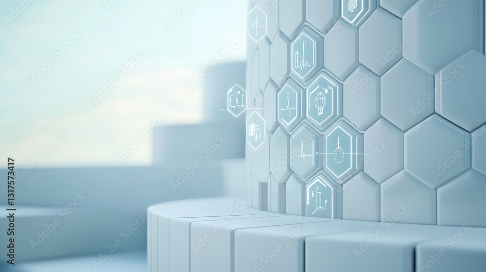 Poster futuristic digital medical icons hovering over hexagonal structure in bright environment