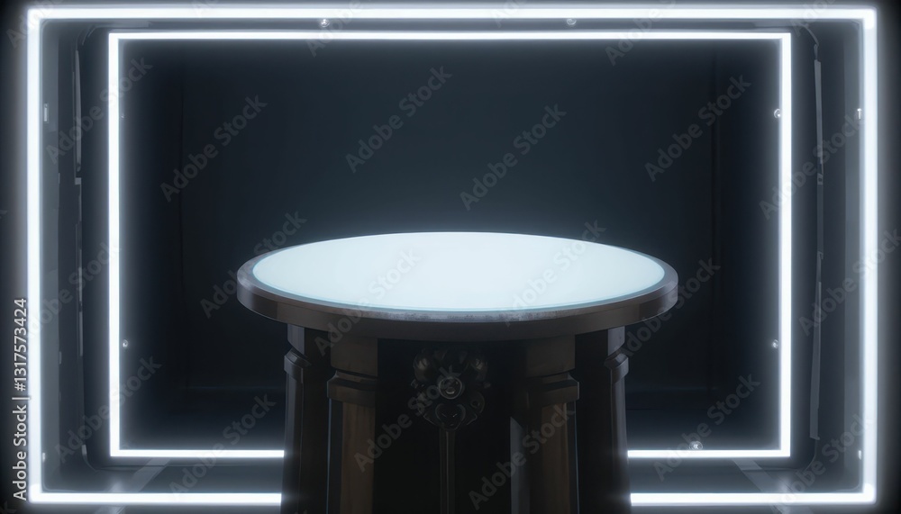 Poster illuminated display stand with neon frame on dark background