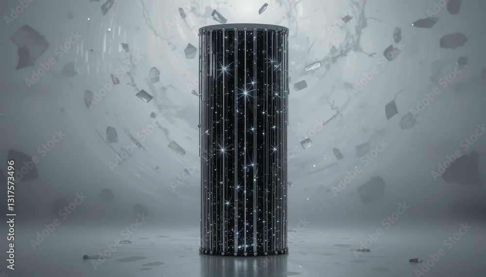 Poster elegant black cylinder with sparkling elements and floating fragments