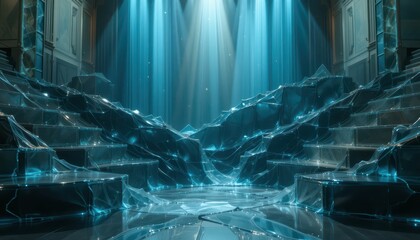 Ethereal Blue Waterfalls Surrounded by Crystal-Like Structures