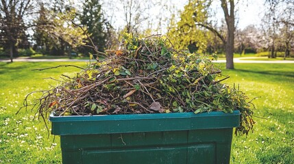 Green bin overflowing with yard waste in a sunny park setting