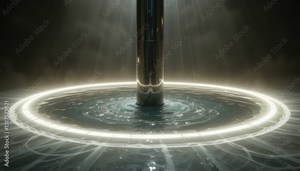 Poster futuristic water feature with illuminated circle and metallic column