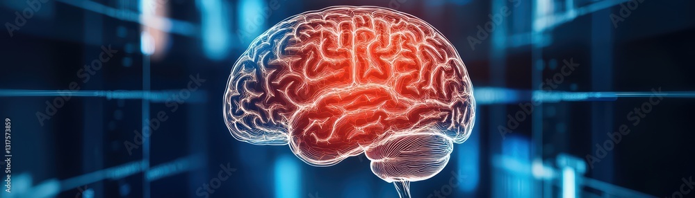Aufkleber high-tech floating holographic brain scan in futuristic digital environment with neon lights