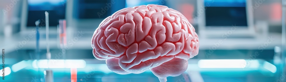 Poster high-tech floating holographic brain scan in modern medical environment with advanced technology
