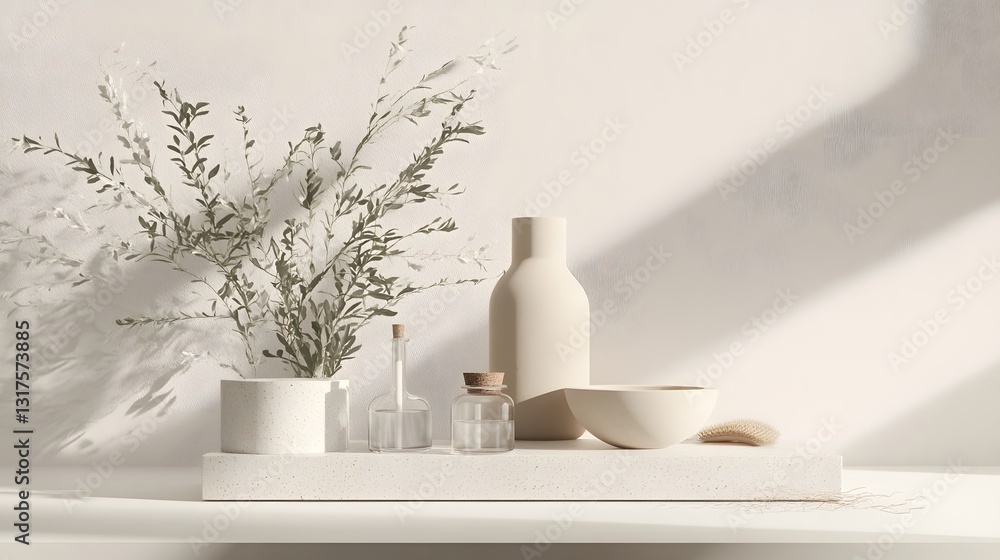 Poster still life arrangement featuring aesthetic objects and plants. the objects create a sense of calm an