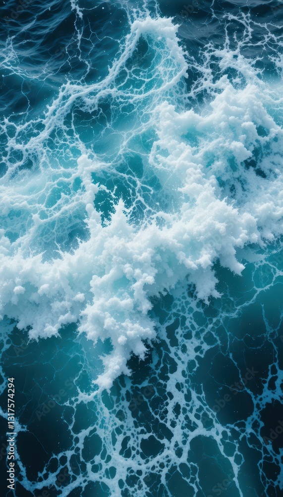 Poster turquoise ocean waves creating foam patterns in sunny daylight