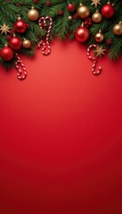 Festive Christmas Decorations on Red Background with Ornaments