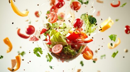 Vibrant salad ingredients flying in mid-air, showcasing freshness and motion against a light backdrop