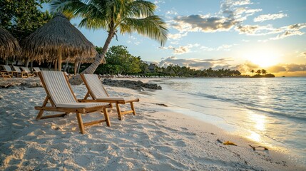 Obraz premium Two empty chairs stand ready on a beautiful sandy beach