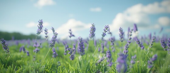 Obraz premium Vibrant lavender field under a clear blue sky with fluffy clouds, perfect for nature-themed projects