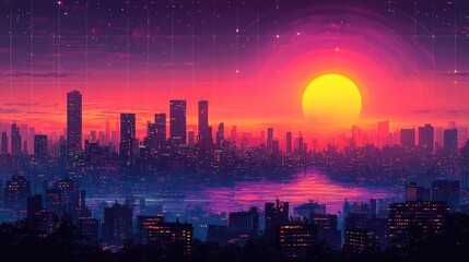 Obraz premium A glowing sunset illuminates a cityscape with modern towering buildings