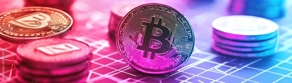 Poster holographic cryptocurrency experience with digital coins and transactions in a futuristic setting