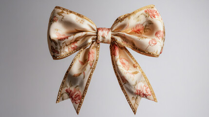 A hand-painted satin ribbon bow with gentle floral patterns, featuring a soft, flowing texture and refined golden edges