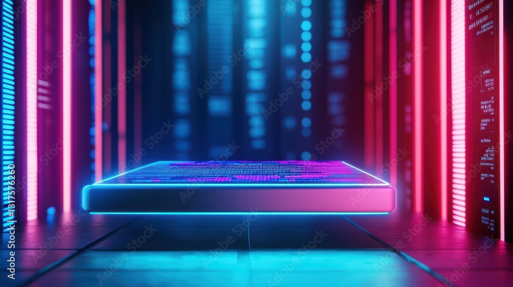 Poster Futuristic Holographic Interface Displaying Floating Financial Market Data in High-Tech Environment