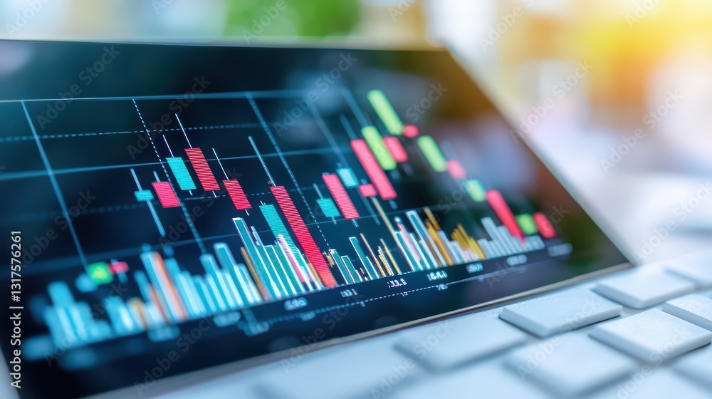 Aufkleber holographic financial market data visualization on tablet with colorful graphs and charts