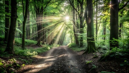Fototapeta premium A serene and welcoming image of a meandering brook flowing through a woodland, showcasing gentle rays of sunlight seeping through foliage and creating a mesmerizing display on stream's tranquil surfac