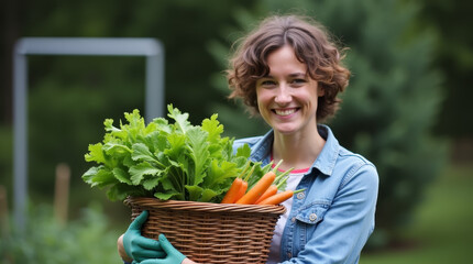 girl with a wicker basket of vegetables 