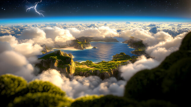 An aerial view shows islands in the clouds and water
