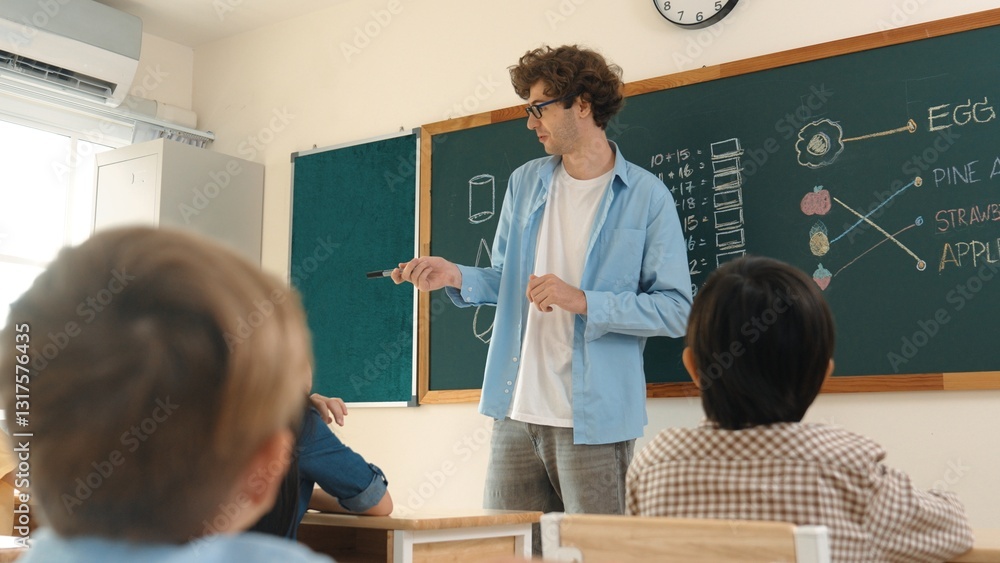 Poster professional mentor looking around classroom while standing in front of blackboard with math formula
