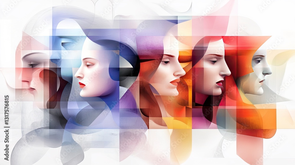 Poster abstract colorful illustration of diverse women's faces in profile, overlapping and fragmented, crea