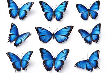 Blue butterflies set isolated on white.