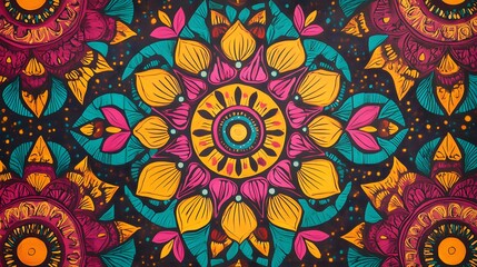 a vibrant mandala art piece, with intricate floral patterns and bold, contrasting colors. The design evokes a sense of spirituality and tranquility