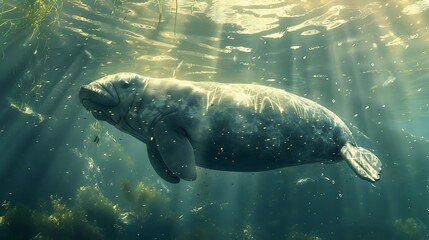 Obraz premium The sea cow, or manatee, is a gentle, slow-moving marine mammal found in warm coastal waters and rivers. With a large, rounded body, paddle-like flippers, and a broad, flat tail, it grazes on seagrass