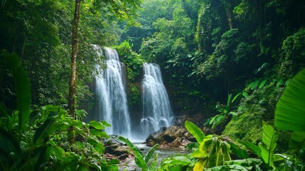 Obraz premium Lush Green Jungle with Majestic Waterfall and Vibrant Foliage