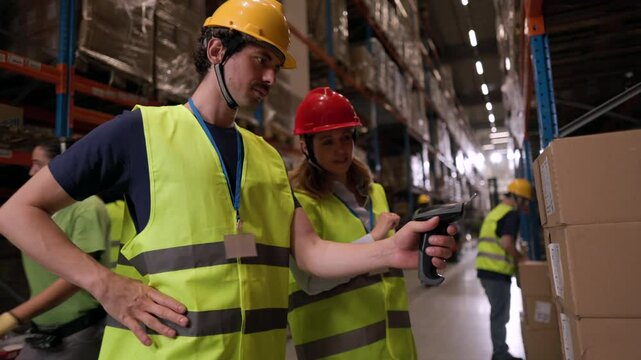 Warehouse workers wearing safety vests and helmets are scanning packages using barcode scanners and digital tablets, ensuring efficient inventory management within the large distribution center