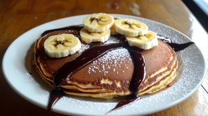 Pancakes stacked high, topped with bananas and chocolate drizzle on a white plate