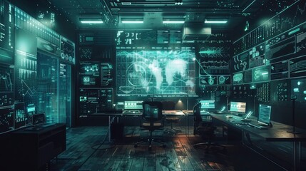 Futuristic control room with digital screens displaying data analysis and global maps at night