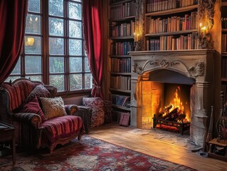 A cozy fireplace surrounded by books and an inviting armchair