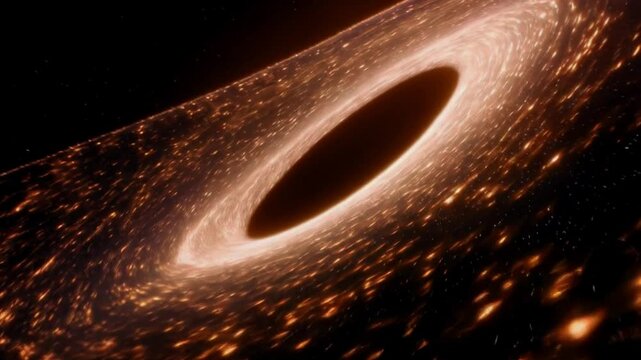 An epic exploration of a black hole's event horizon, where the fabric of space-time stretches and warps, pulling everything into its center while distant stars and planets bend in its gravitational pu