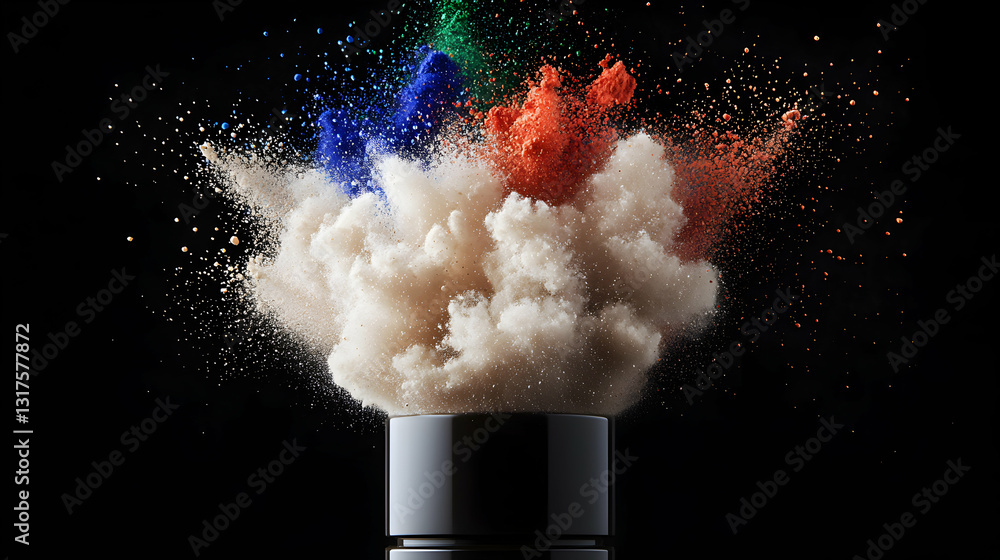 Poster colorful powders erupt and create a dynamic visual burst from a container