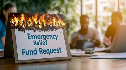 A call for support: Emergency Relief Fund Request sign on a conference table, highlighting urgent needs.