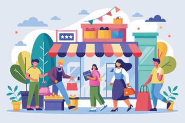 Shoppers enjoy a vibrant day at a customizable flat filled with various products and cheerful customers, Shopping Customizable Flat Illustration