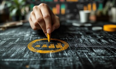 Naklejka premium Hand drawing upward trend graph, yellow chalk, dark surface.