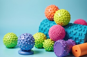 Tools for myofascial release on blue background. Hand massager, foam roller, spiky massage balls. Equipment for MFR, self-massage, trigger point therapy, physical exercise, sport recovery,