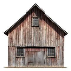 Rustic barn-style home with weathered wood siding, isolated on a white transparent background.