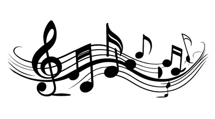 Vector music notes and treble clef in black and white, melody wave illustration