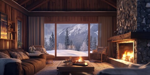 Cozy cabin interior with fireplace and scenic snowy mountain view