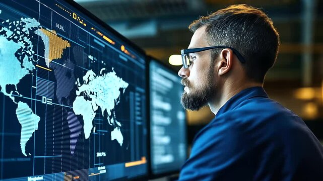 A global logistics coordinator tracks shipments on a large digital screen showing real-time data on delivery routes.
