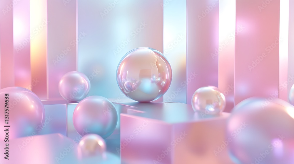 Poster an abstract image features iridescent spheres, each with a unique texture. cubes add to the geometri