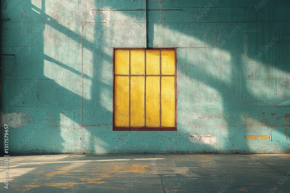 Poster generative ai captures light and shadow pattern against a textured turquoise wall with a bright yell