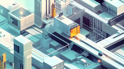 abstract architectural isometric cityscape with futuristic elements and a sense of technological advancement