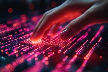 Fingertip interacting with vibrant pink digital surface.