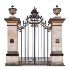 Ornate wrought iron gate with stone pillars and decorative urns against white sky