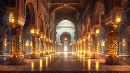 Fototapeta premium Majestic grand mosque interior with tall arches and intricate Islamic patterns