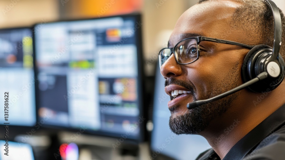 Poster a man wearing glasses and a headset is looking at multiple computer screens, possibly in a call cent