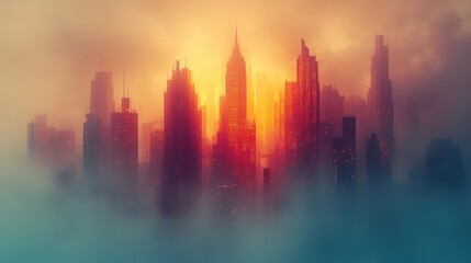Fototapeta premium A dramatic cityscape silhouetted by a bright warm hazy light